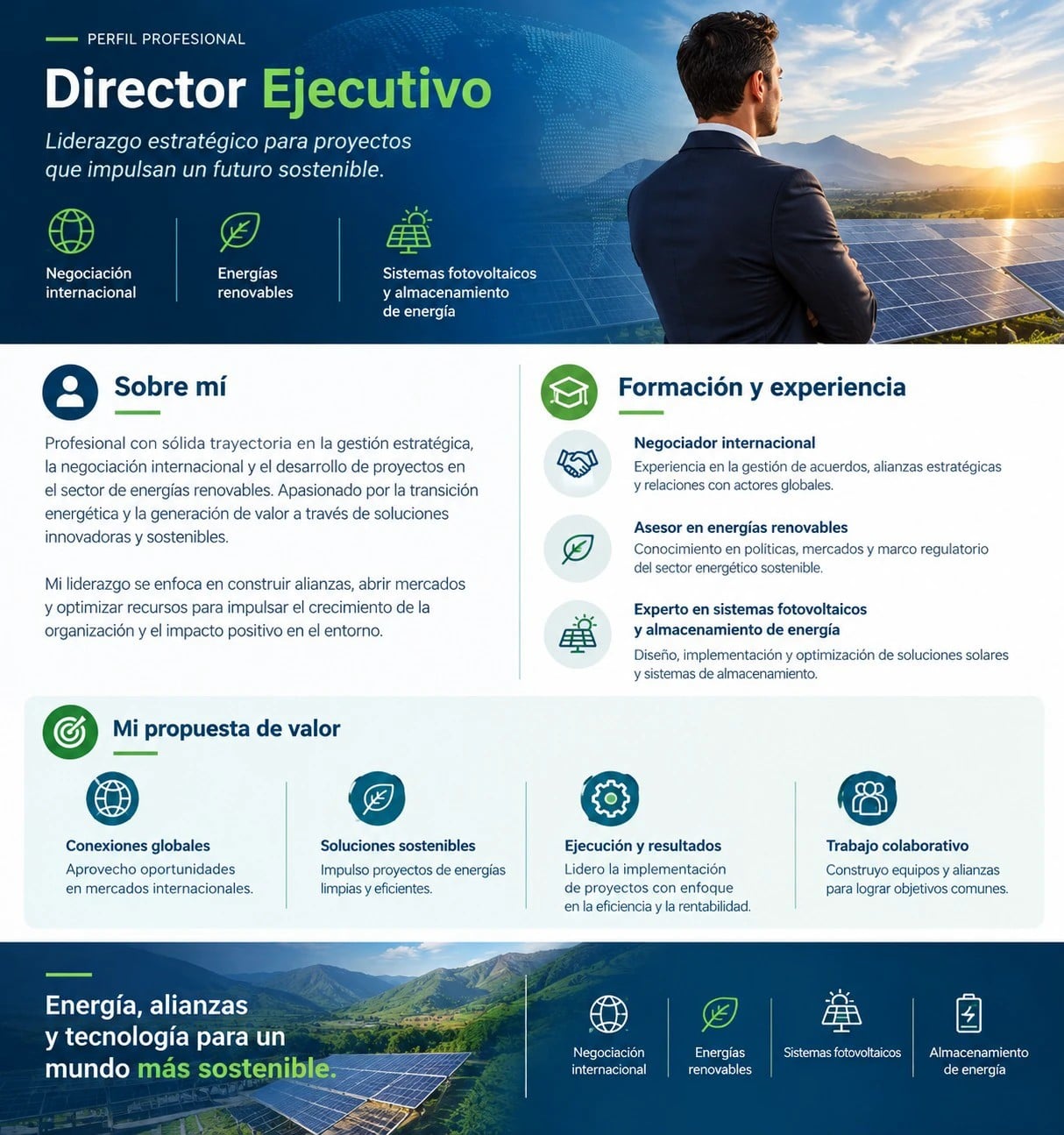 Perfil profesional del Director Ejecutivo de Sunset: negociación internacional, energías renovables y sistemas fotovoltaicos con almacenamiento de energía.