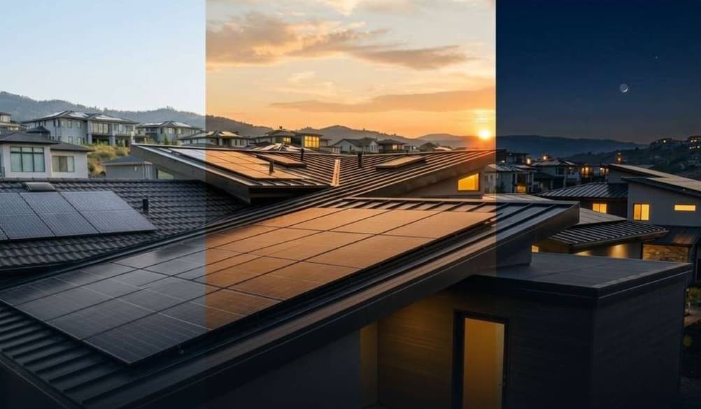 Casa con paneles solares vista de día, al atardecer y de noche